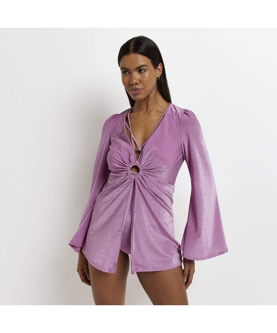 > Brand: River Island> Department: Women> Colour: Purple> Type: Top> Style: Top> Material Composition: 53% Nylon (polyamide) 40% Metalised Fibre 7% Elastane> Material: Nylon> Neckline: Tie Neck> Sleeve Length: Long Sleeve> Pattern: No Pattern> Occasion: Casual> Size Type: Regular> Season: SS22