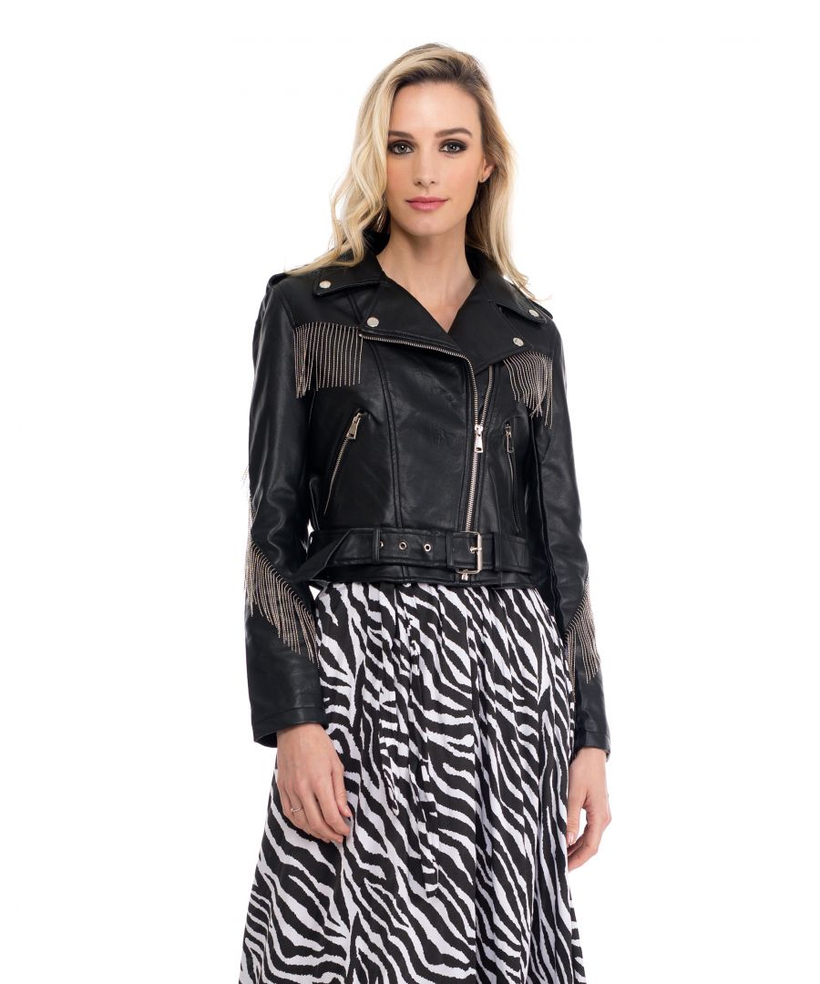 Perfect leather effect jacket with silver fringes