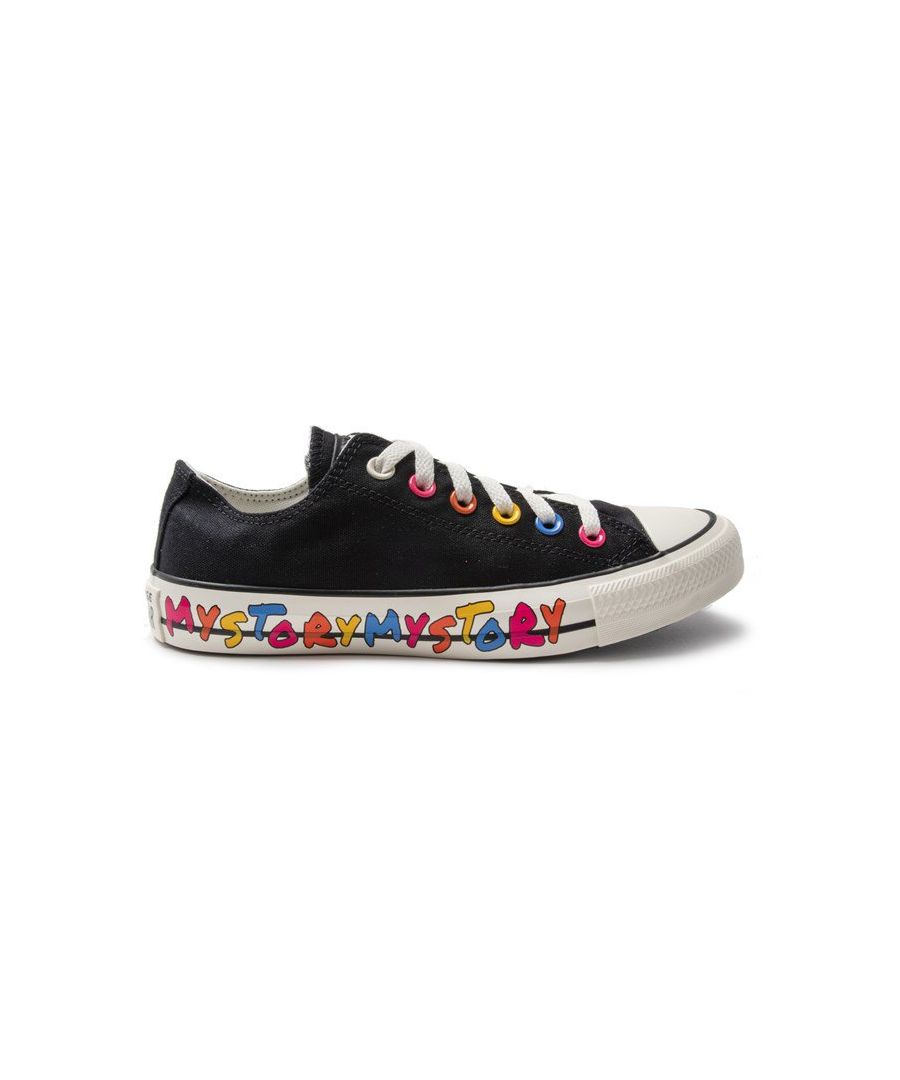 Women's Black Canvas All Star Ox Lace-up Trainers With My Story Outsole Detail, And Iconic Toe Cap And Vulcanised Rubber Sole. These Ladies' Sneakers Are Textile Lined With A Waffle Tread Sole, Finished With Multi-coloured Eyelets And Branding On The Heel Cage.