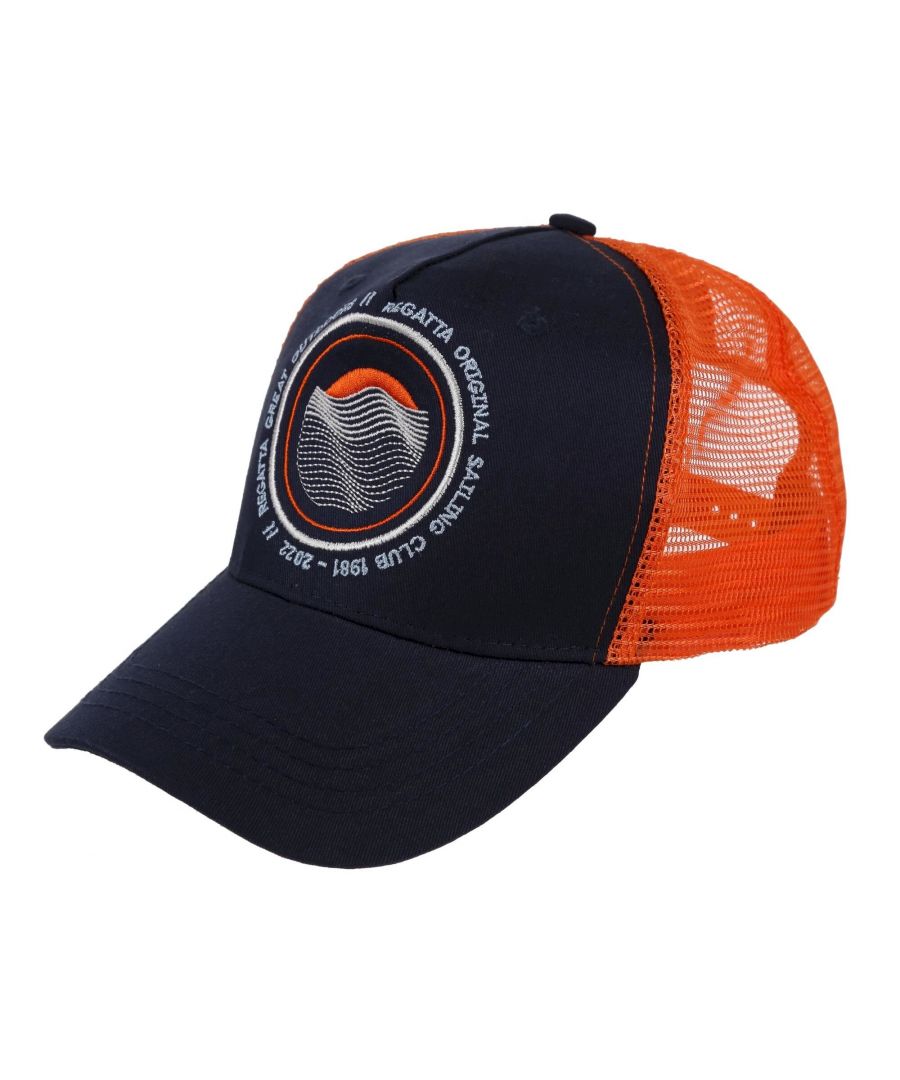 Material: Cotton, Polyester. Fabric: Coolweave, Cotton Twill, Soft Touch. Design: Embroidered, Logo, Sunset, Text. 5 Panel Design, Button at Top, Embroidered Eyelets, Mesh Backing, Pre-Curved Peak. Fabric Technology: Breathable, Lightweight. Fastening: Adjustable Straps.