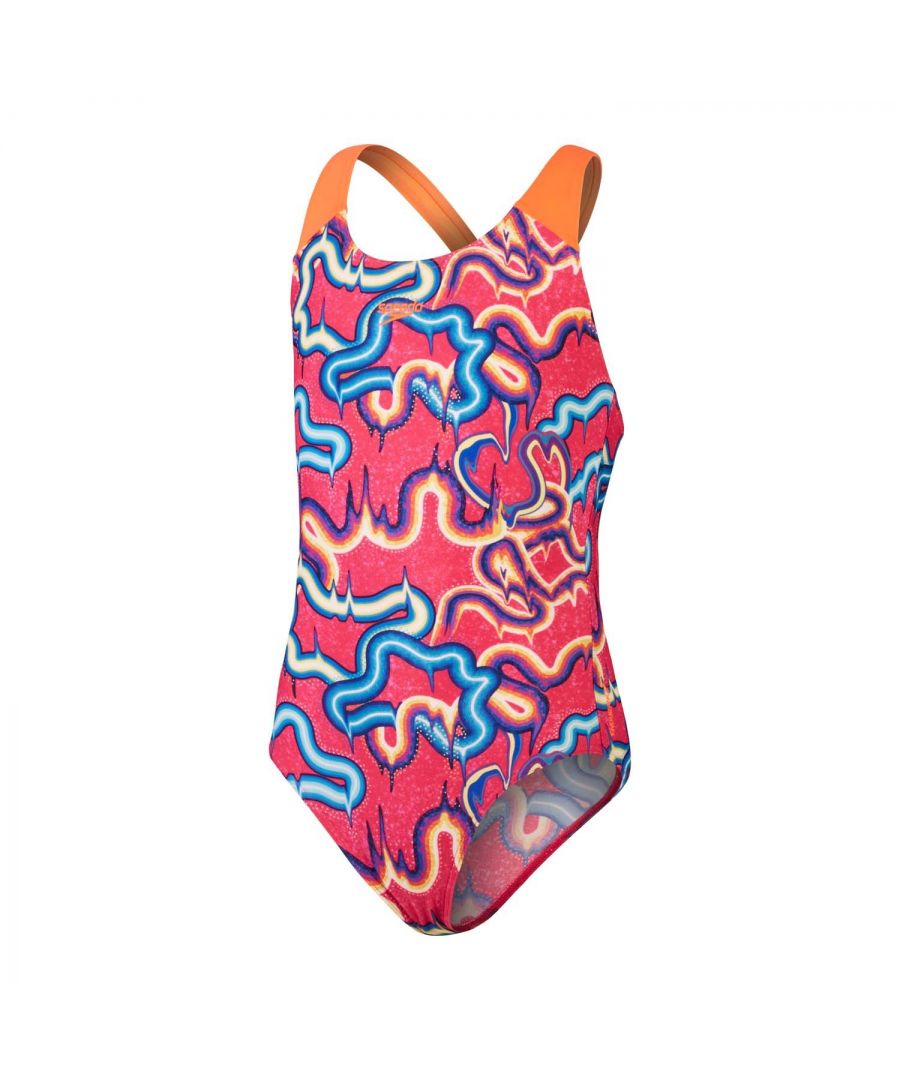 Speedo Girls Girl's Digital Allover Splashback Swimsuit in Pink blue - Size 12-15Y