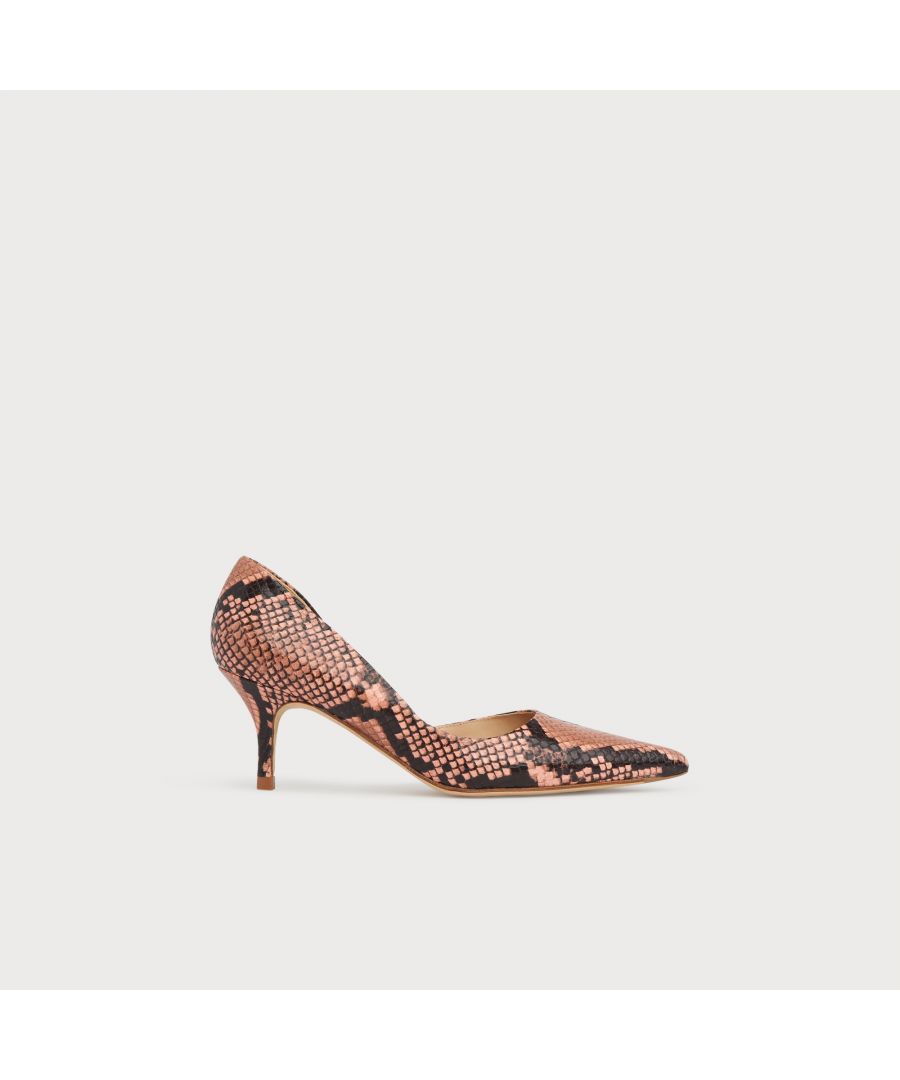 Perfect for everyday thanks to their wearable kitten heel, our Hazel d'orsay courts also offer a stylish slick of snake print. Crafted in Spain from candy pink and grey snake print leather, they have a pointed toe, an elegant d'orsay cut and a 50mm kitten heel. Wear them to brighten up tailoring and spring's pretty silk dresses.