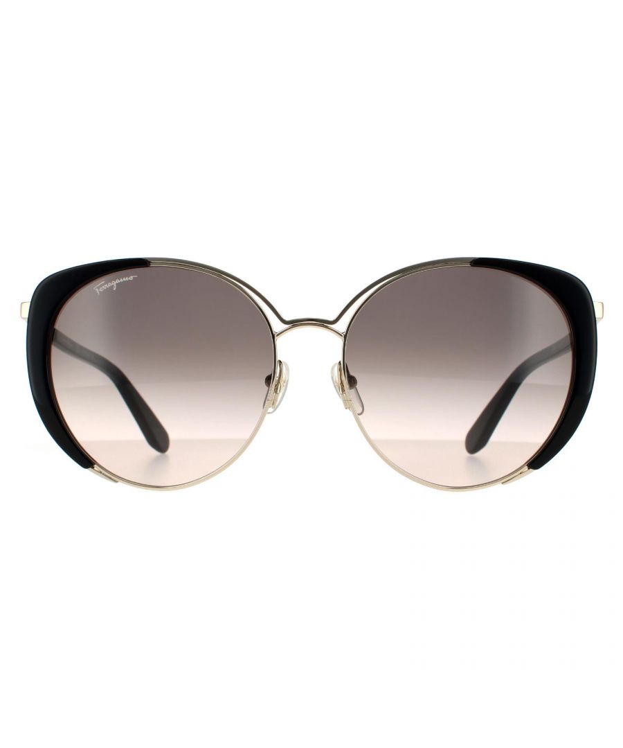 Salvatore Ferragamo Cat Eye Womens Light Gold Black Grey Gradient Sunglasses SF207S are an oversized contemporary model with cat eye shaped lenses. Thin metal arms are lightweight, and adjustable nose pads ensure all day comfort.. Salvatore Ferragamo's logo features on the temple for brand authenticity.