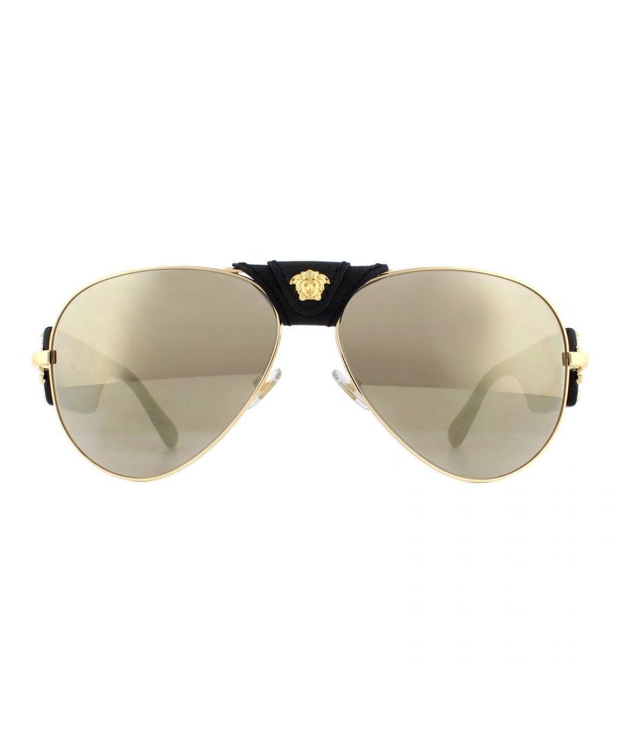 Versace Sunglasses 2150Q 10025A Gold Light Brown Mirror Dark Gold are an embellished luxurious aviator style with a truly unique leather bridge design and stunning gold baroque design on the wide temples. We haven't seen as high a quality pilot style as this in a long time!