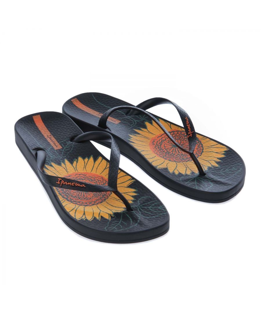 Womens Ipanema Anatomica Sunflower Flip Flops in black.- Synthetic upper.- Slip-on design.- Synthetic toe post.- Ipanema detailed logo upon the strap.- Sunflower print.- Synthetic upper  lining and sole.- Ref: 8317823923