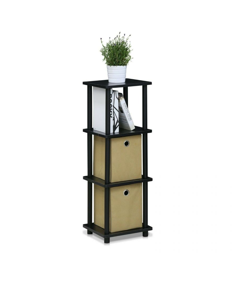 - Furinno Turn-N-Tube 3 Tier Shelf with Bins is perfect for your office or living area. \n- This model is designed to fit in your space, style and fit on your budget.\n- The main material is medium density composite wood.  Feature 3 shelf and 3 bins allow you to display more memorabilia, photos, books. \n- All the materials are manufactured in Malaysia and comply with the Green rules of production.\n- All products are easy to assemble and they all come with step-by-step assembly instruction.