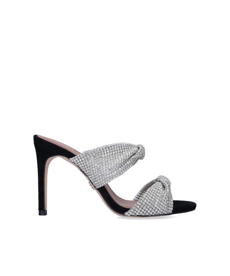 The Molten heel features a black heel with twisted silver embellished straps.