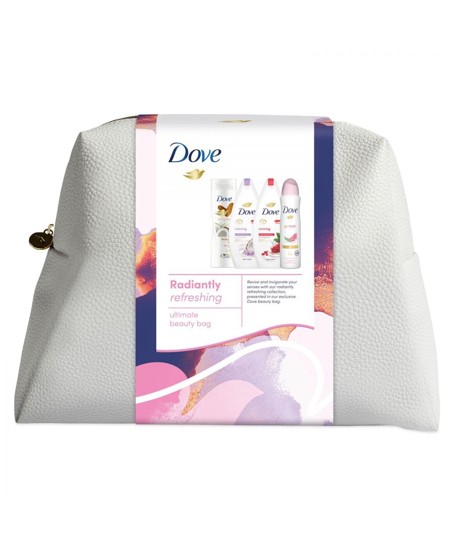 Dove Body & Bath Radiantly Refreshing Ultimate Beauty Bag 4pcs Gift Set For Her\n\nKnow someone who’s into confidence-inspiring natural beauty in a big way? You’ve just found the perfect gifts for her. Dove believes that beauty is not defined by shape, size, or colour. It’s about feeling like the best version of yourself. Authentic. Unique. Real.\n\nDove packed this set of gifts for women full of Dove products that will transform her daily routine into a caring ritual. The gift set features four full-sized Dove products designed to comfort her senses with soft fragrances & ingredients to nourish and care for her skin, all packed into an exclusive Dove beauty bag, Dove Relaxing Body Wash 225 ml, Dove Reviving Body Wash 225 ml, Dove Restoring Care Lotion 200 ml and Dove Go Fresh Pomegranate and Lemon Verbena Anti-perspirant 150 ml.\n\nRelaxing Body Wash: Dove Relaxing Body Wash 225 ml wraps her in a cloud of rich, creamy lather for a soothing sensory experience that will leave her feeling truly relaxed. Its ultra-moisturising and the microbiome-gentle formula is sulphate SLES-free and formulated with Triple Moisture Serum to provide instant softness and lasting nourishment for even the driest skin. Infused with coconut oil and almond milk,\n\nReviving Body Wash: Enlivened with a pomegranate and hibiscus tea scent, Dove Reviving Body Wash 225 ml will awaken and refresh her senses whilst ensuring her microbiome is given the nutrients it needs to protect itself and minimise skin dryness.\n\nRestoring Care Body Lotion: Dove Restoring Care Body Lotion 200 ml deeply moisturises dry skin to leave it feeling beautifully soft and smooth. Its creamy scent will soothe her senses, helping her indulge in a restorative experience. Delivering all-day freshness through odour-fighting technology.\n\nGift Set Includes:\n\n1x Dove Relaxing Body Wash, 225ml\n1x Dove Reviving Body Wash, 225ml\n1x Dove Restoring Care Body Lotion, 200ml\n1x Dove Go Fresh Anti-Perspirant Deodorant, 150ml