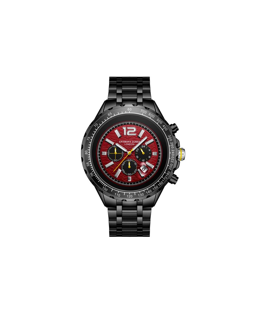 The Hand Assembled Anthony James Limited Edition Chronograph Racer Red men’s watch boasts Quartz Chronograph movement which operates the luminous hands to advance rhythmically across the flame-red dial and luminous indices. The dial is also detailed with Seconds, Minutes and 24-Hour Counters, which are contained within a non-rotating bezel and Tachymeter chapter ring that enables you to measure speed based on time and distance. The oil-black bracelet matches the black case, and this contrasts with the Anthony James logo engraved stainless steel caseback. \nModel Specifications \nQuartz Chronograph Movement \nTachymeter Chapter Ring\nRed Dial\nBlack, Case\nNon-Rotating Bezel\nLuminous Indices, Luminous Hands Indices\nSeconds, Minutes & 24 Hour Counter\nBlack Bracelet\nLogo Engraved Stainless Steel Caseback \nBlack Ip Case  \n\n12 Hour Analogue\nWater Resistant 30M\nScratch Resistant Mineral Glass\n5 Year Warranty\nNickel Free & Hypoallergenic Ip Plating\n\nWatch Dimensions\nCase Diameter 51 Mm\nCase Thickness 15 Mm\nLug Width 22 Mm\nStrap Width 22 Mm\nStrap Length 200 Mm\nWeight 220G