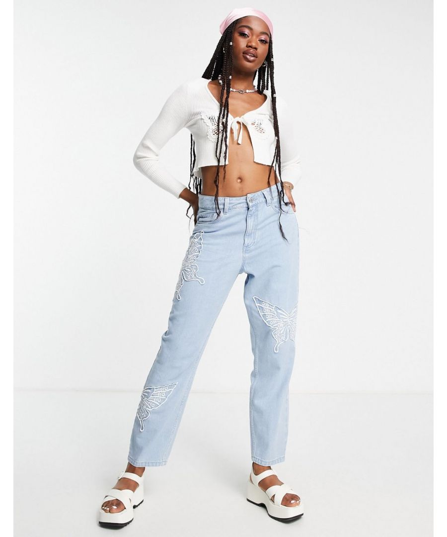 Mom jeans by Miss Selfridge The denim of your dreams High rise Belt loops Five pockets Butterfly embroidery to legs Sits on the ankle Regular mom fit  Sold By: Asos