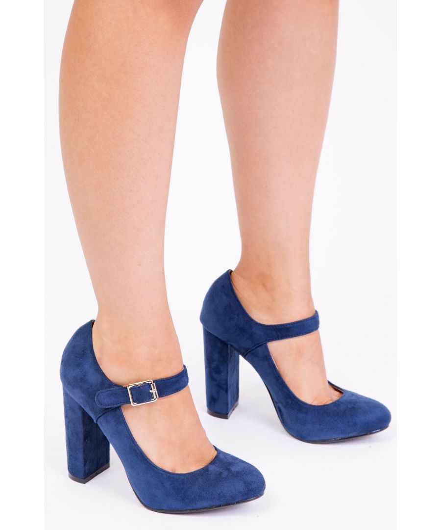 Women's block heel office pump featuring a front ankle strap\n\nHeel Height: 3.9' (9.9 cm) Approx