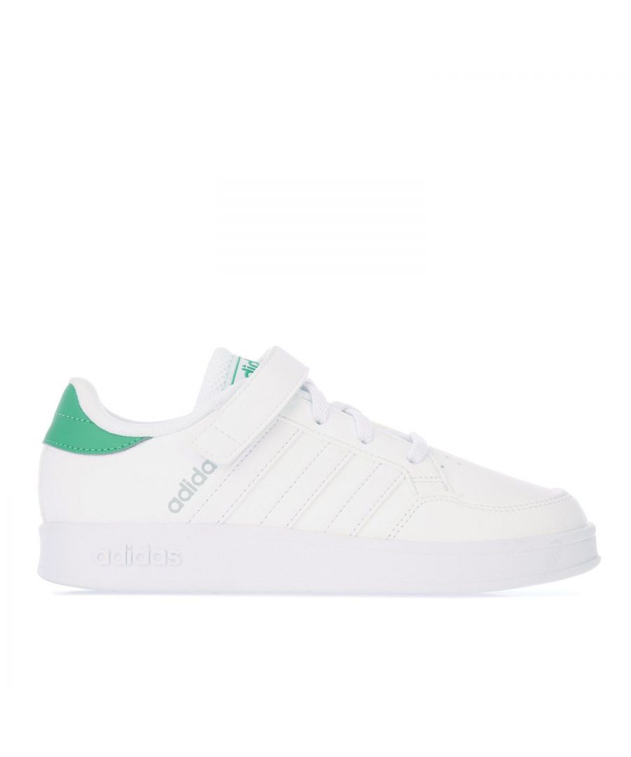 Childrens adidas Breaknet Trainers in white green.- Synthetic leather upper.- Lace closure with hook-and-loop closure strap.- EVA sockliner.- 3-Stripes. - Rubber outsole.- Synthetic  upper  Textile lining  Synthetic sole. - Ref.: FZ0109C