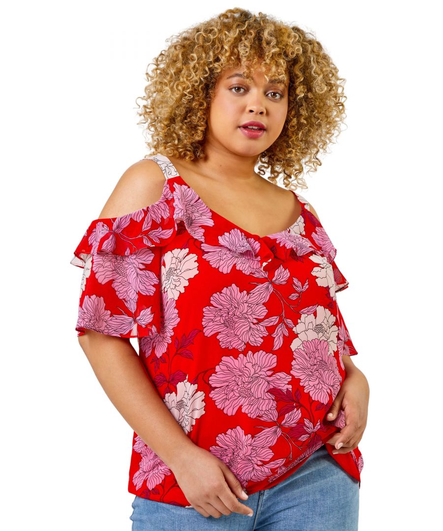 Roman Curve Womens Floral Print Frill Detail Cold Shoulder Top - Red - Size UK 22-24