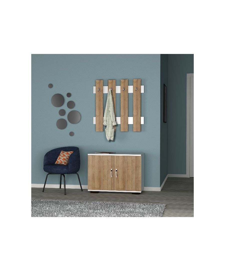This hall unit, modern and functional, is the perfect solution to keep clothes and various objects in order. Thanks to its design it is ideal for the living area. Assembly kit included, easy to clean and easy to assemble. Color: Endulus Oak, White | Product Dimensions: 72 x 35 x 129 cm | Material: 18mm Chipboard, Metal Handle,Plastic Feet | Product Weight: 22,85 Kg | Supported Weight: 35,00 Kg | Packaging Weight: 23 Kg | Number of Boxes: 1 | Packaging Dimensions: 35,6x76,6x18,3 cm.