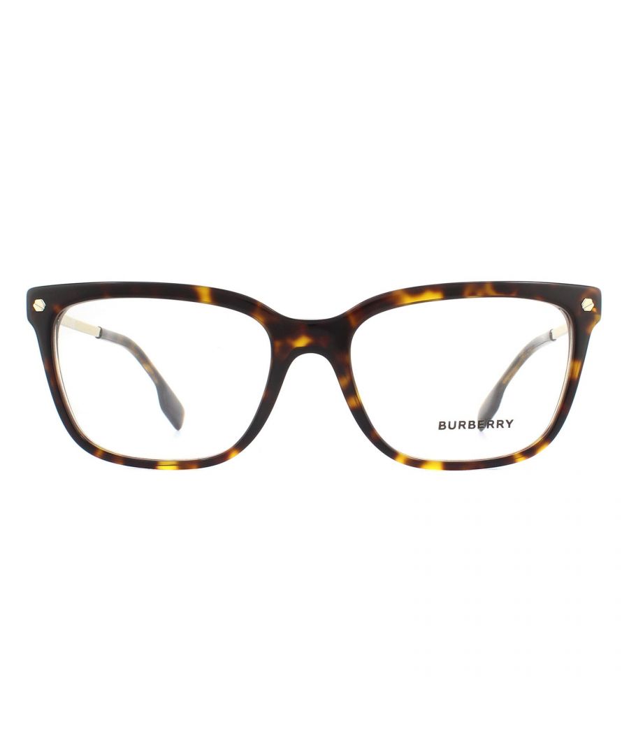 Burberry Glasses Frames BE2319 3002 Dark Havana  54mm Womens are a luxurious square style with a plastic frame front and etched Burberry check metal temples.
