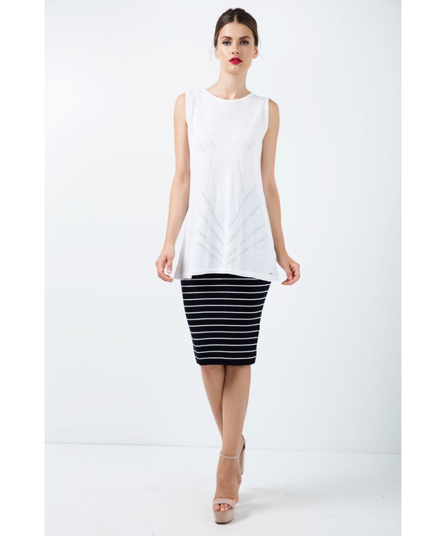 Fitted Striped Skirt by Conquista Fashion in stretch jersey sustainable fabric. Our model is 176cm and is wearing size 36/S. Made in Greece.