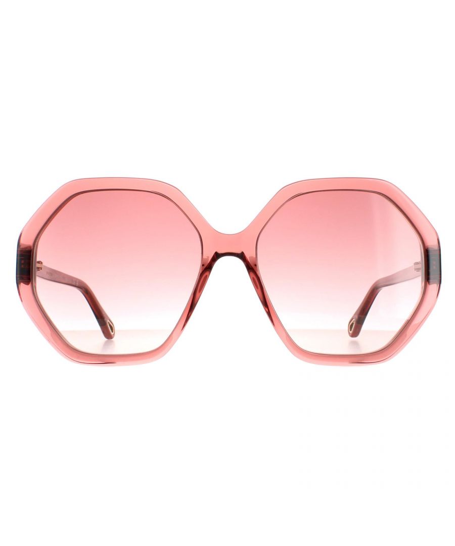 Chloe Round dames roze kristal roze bruine gradiënt ch0008s esther zonnebril zijn een handige zeshoekige stijl vervaardigd van lichtgewicht acetaat. Het Chloe -logo is voorzien van de slanke tempels voor merkauthenticiteit.