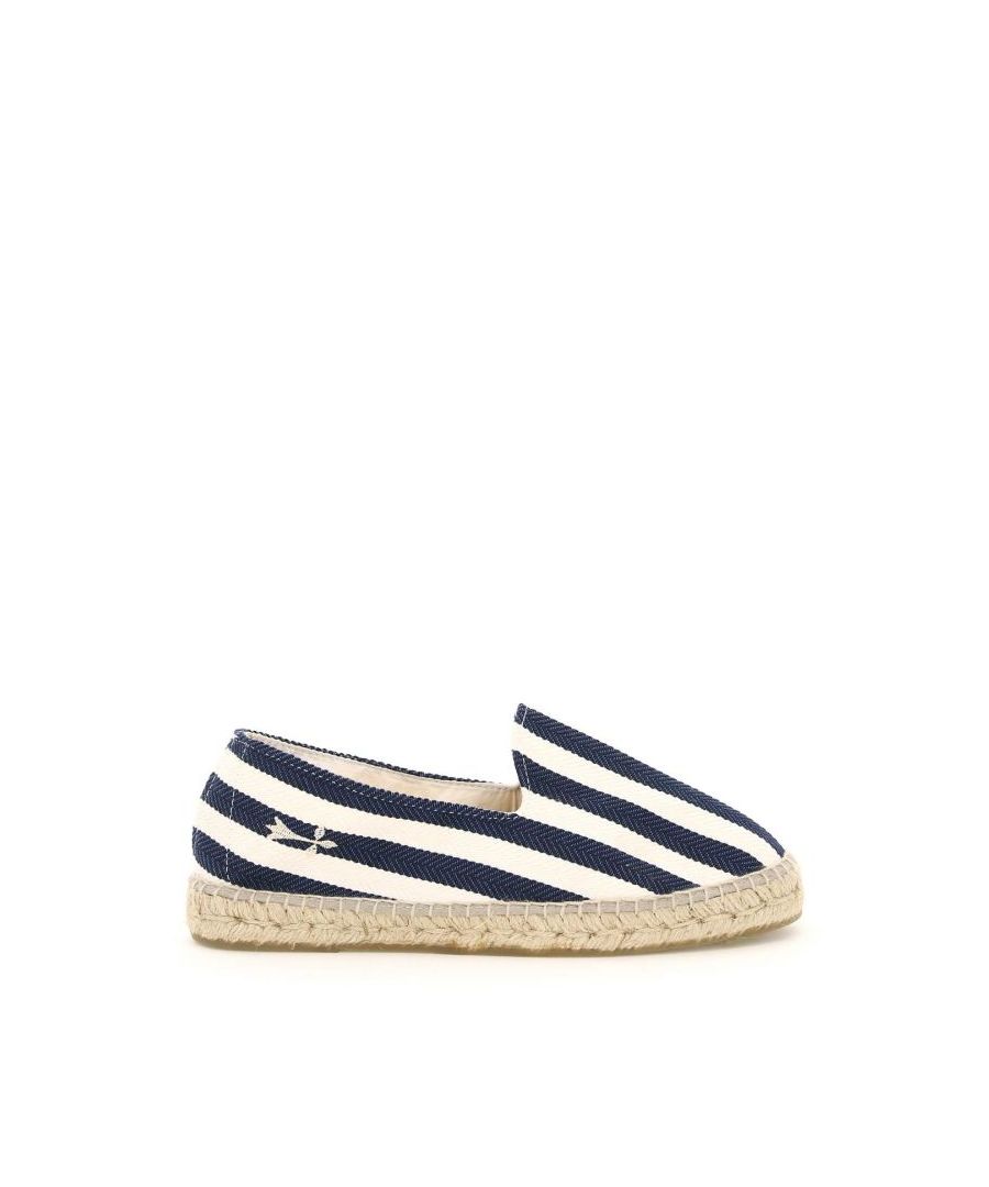 Portofino espadrilles by Manebì crafted in striped recycled organic cotton with side logo embroidery. Woven jute base, fabric lining, natural rubber outsole.