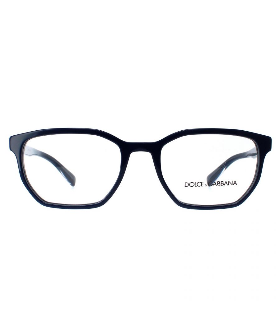 Dolce & Gabbana Square Mens Dark Blue DG3338  Glasses have an angular shape to the front frame with sleek lines. The metal core of the frame shows on the temples to great effect