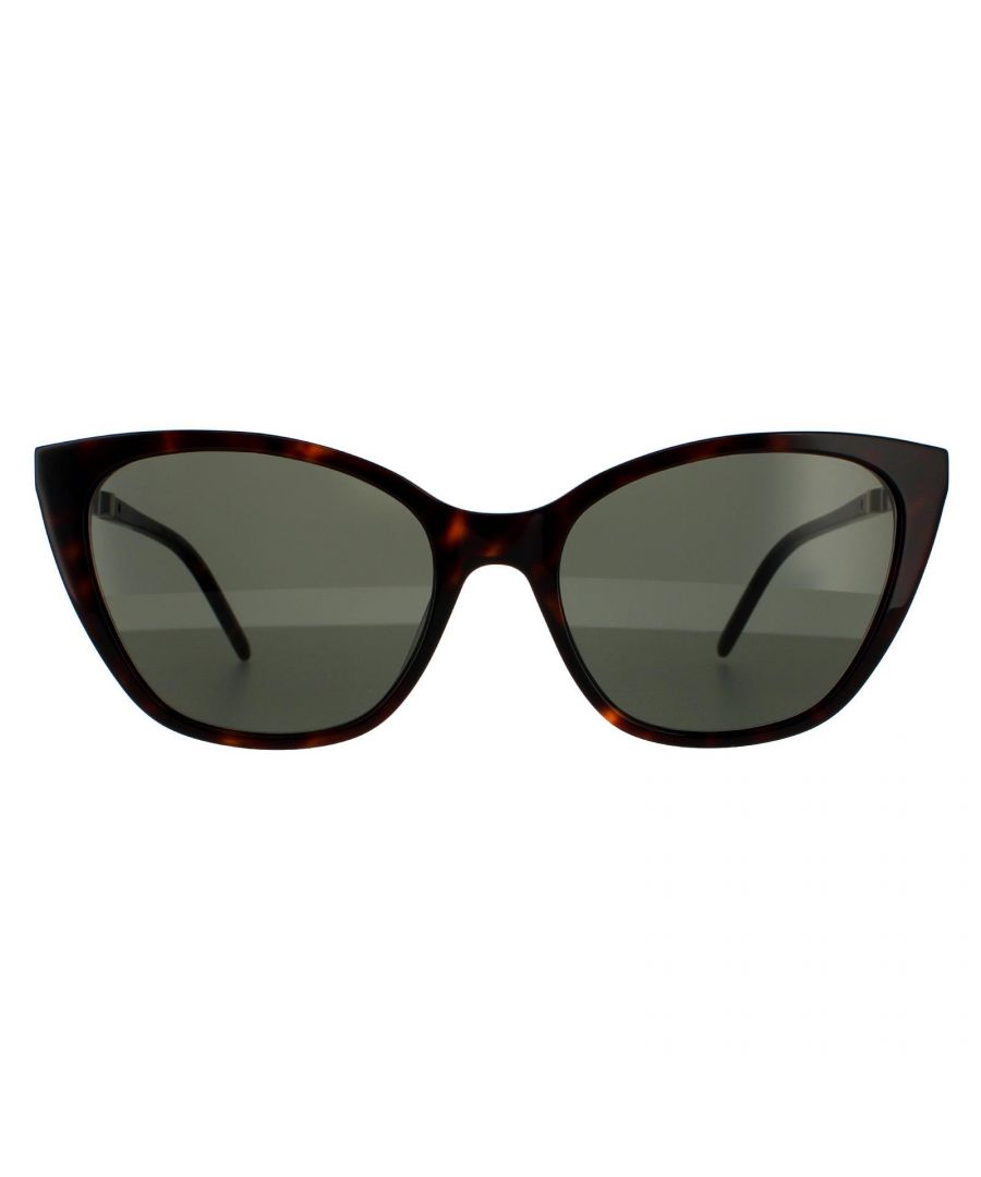 Saint Laurent Cat Eye Womens Havana with Silver and Black Grey Sunglasses SL M69 are an elegant cat eye style crafted in a mix of acetate and metal with enamelled detailing on the temples including the YSL logo next to the hinges.