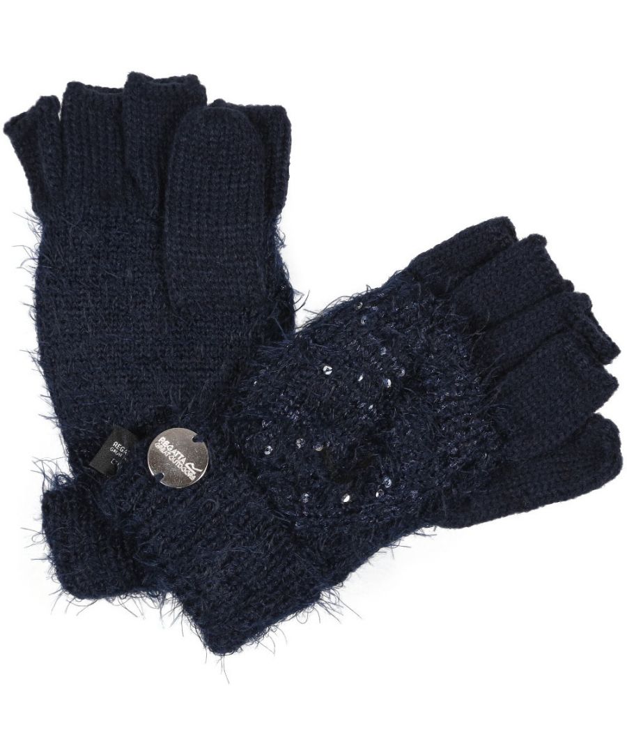 100% acrylic knit with feather yarn and sequins. Mitten and fingerless glove combination with button back feature.