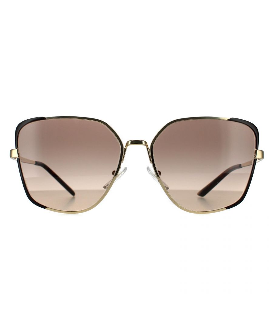 Prada Rectangle Womens Pale Gold and Brown Brown Gradient Sunglasses Prada are a oversized square frame front crafted from lightweight acetate. The flat Metaltemples feature an engraved Prada logo for brand authenticity.