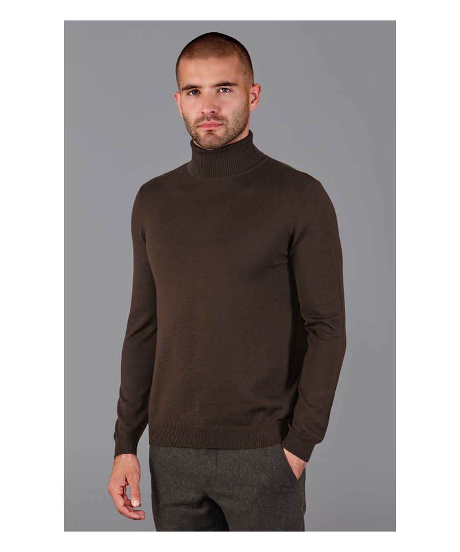 paul james knitwear mens extra fine merino wool roll neck jumper in mahogany brown - size large
