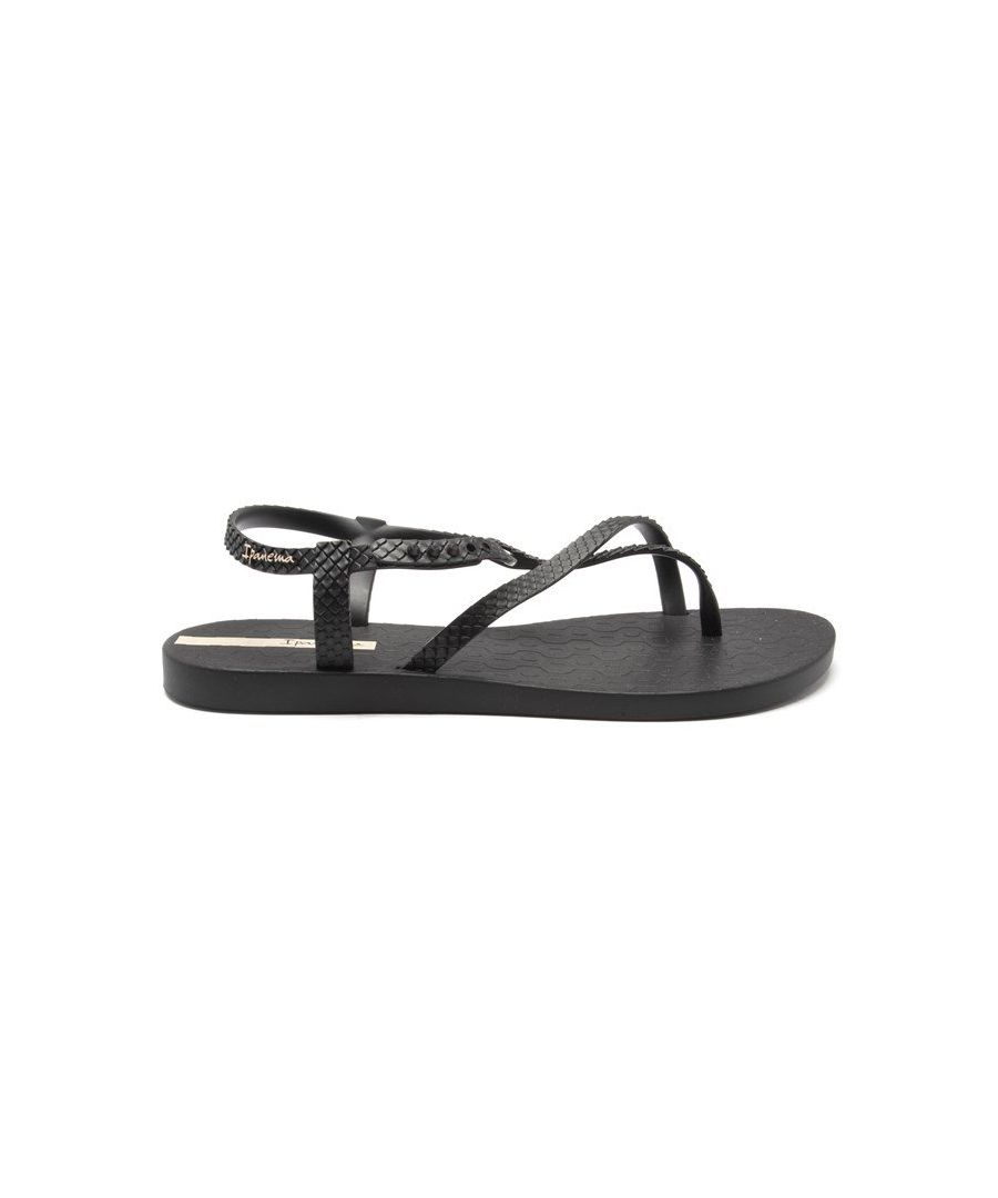 Women's Black Ipanema Wish Vegan Friendly And 100% Recyclable Flip Flops, Featuring A T-bar Design With A Popper Adjustable Ankle Strap And Hatching embellishment. These ladies' Sandals Are Designed And Made In Brazil With Eco-friendly Materials, Are Water Friendly, With A Rubber Sole.