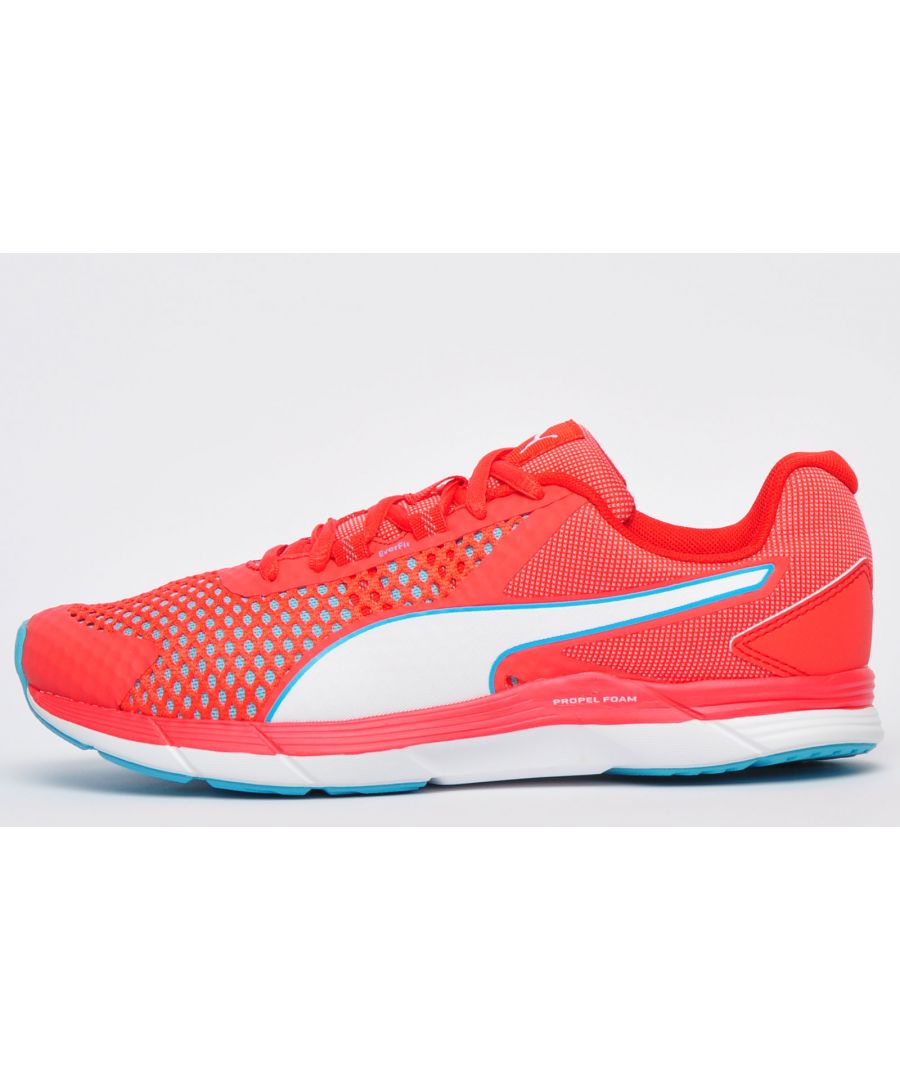 Take your running game to the next level with these Puma Propel foam womens running shoes, designed with a breathable textile mesh upper to keep your feet feeling fresh and comfortable while you pound the roads or work out in the gym. These womens running shoes also feature a high impact Propel Foam midsole complete with a durable rubber outsole delivering sumptuous lightweight cushioning and traction to help you achieve longer runs and go beyond your fitness goals. Finished off with a full lace closure to make sure your foot is secure and stable no matter where you take them.\n - NETFIT-inspired mesh upper\n - Full lace closure\n - Propel Foam high impact midsole\n - Durable rubber outsole\n - Padded heel and ankle collar\n - Puma branding throughout
