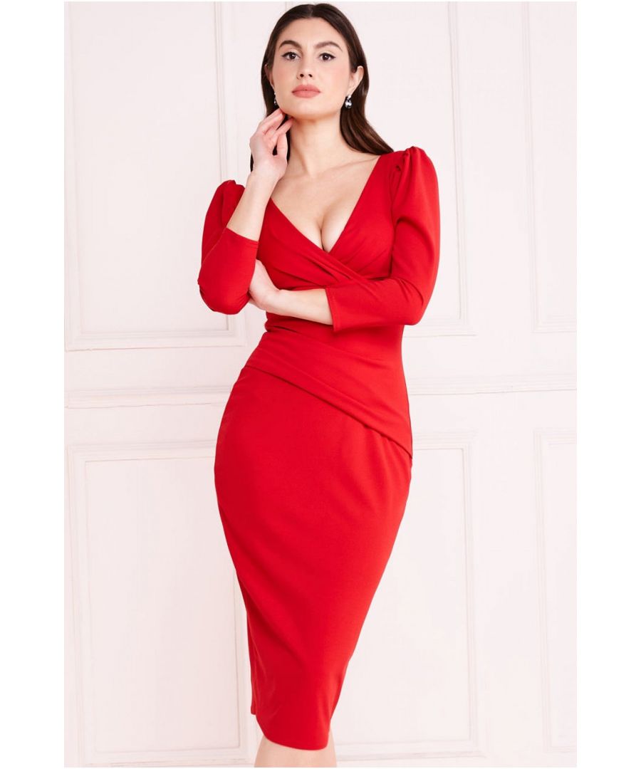 Goddiva Womens Front Wrap Pleated Scuba Midi Dress - Red - Size 14 UK