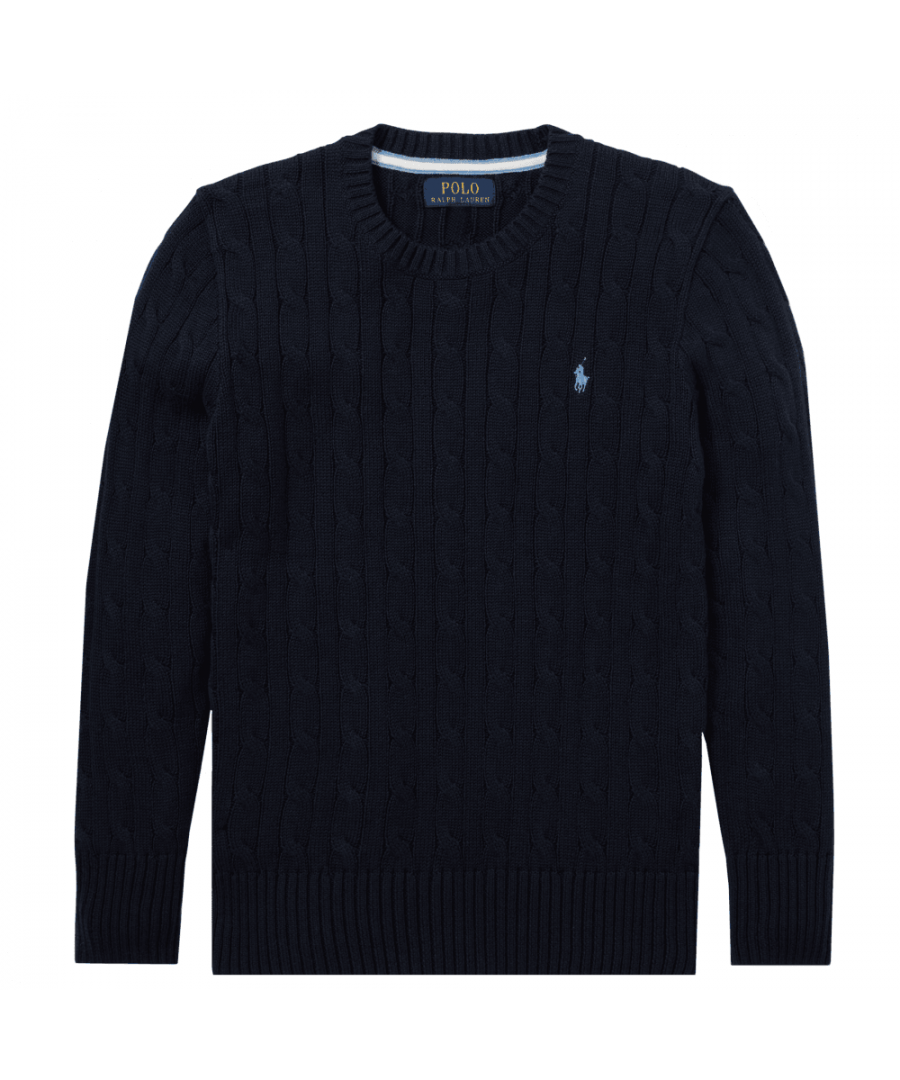 This Ralph Lauren cable-knit sweater for kids, is made from breathable combed cotton and features a rib-knit hem and the designers iconic logo on the chest.