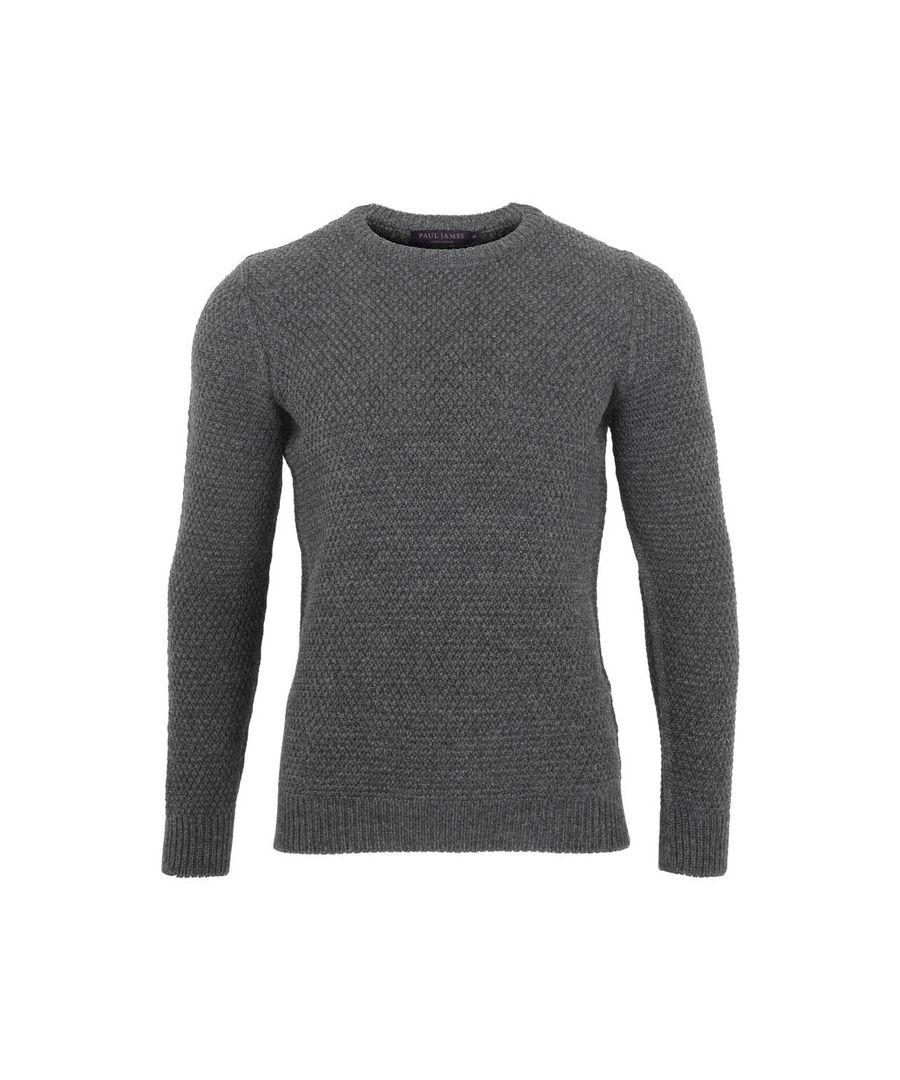 paul james knitwear mens 100% merino moss stitch fisherman jumper in mid grey wool - size medium