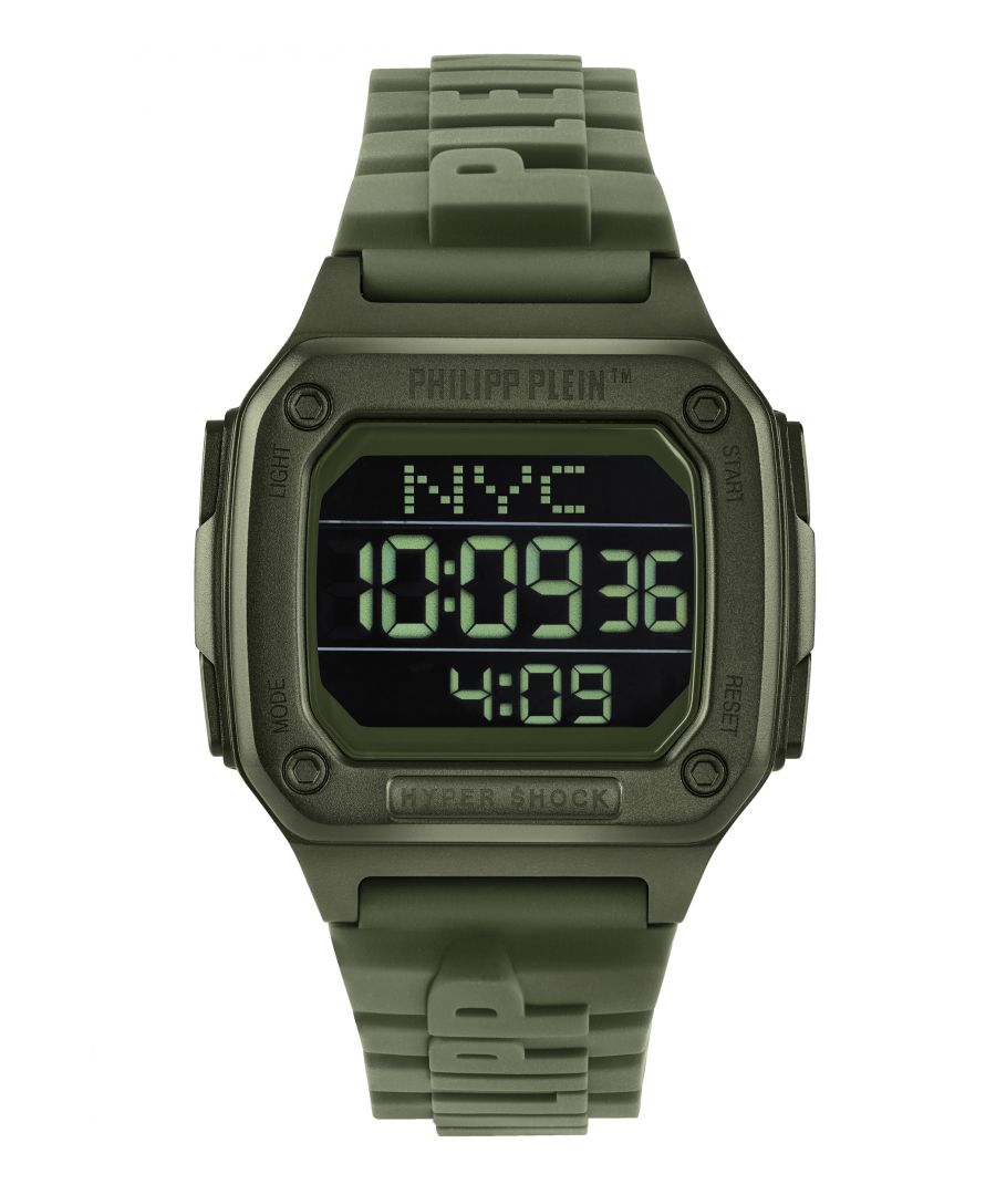 This Philipp Plein Hyper $hock Digital Watch for Men is the perfect timepiece to wear or to gift. It's Green  Rectangular case combined with the comfortable Green Silicone watch band will ensure you enjoy this stunning timepiece without any compromise. Operated by a high quality Quartz movement and water resistant to 5 bars, your watch will keep ticking. This watch has an embossed lettering details on the strap, the name of the timepiece applied on the top ring and the richness of branded content can be perceived everywhere -The watch has a calendar function: Day-Date, Stop Watch, Timer, Alarm, Light High quality 21 cm length and 22 mm width Green Silicone strap with a Buckle Case Measurement: 40x44 mm,case thickness: 12 mm, case colour: Green and dial colour: Black