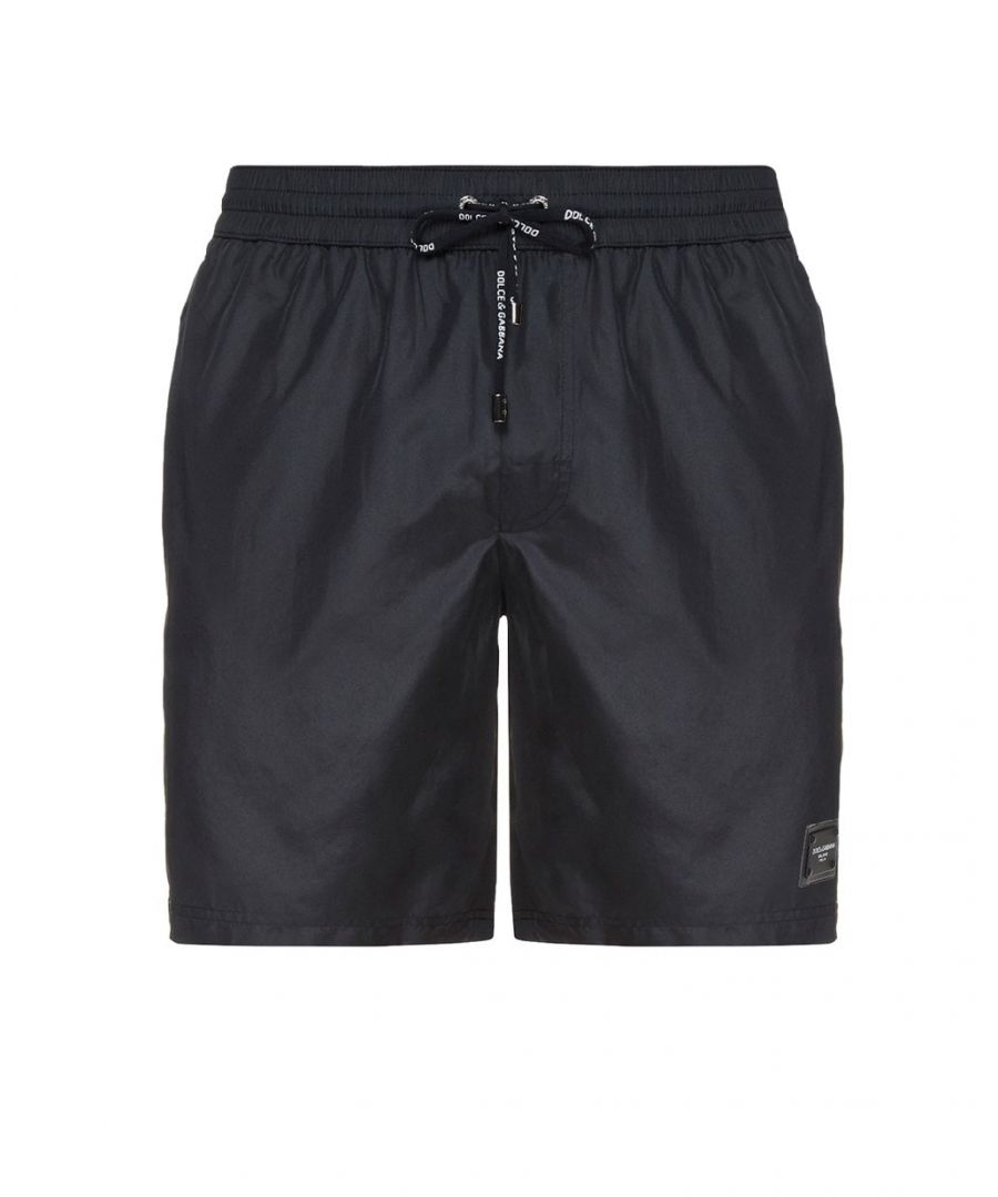 Dolce & Gabbana Mens Black Plaque Plate Drawstring Swimshorts in Nylon - Size X-Large