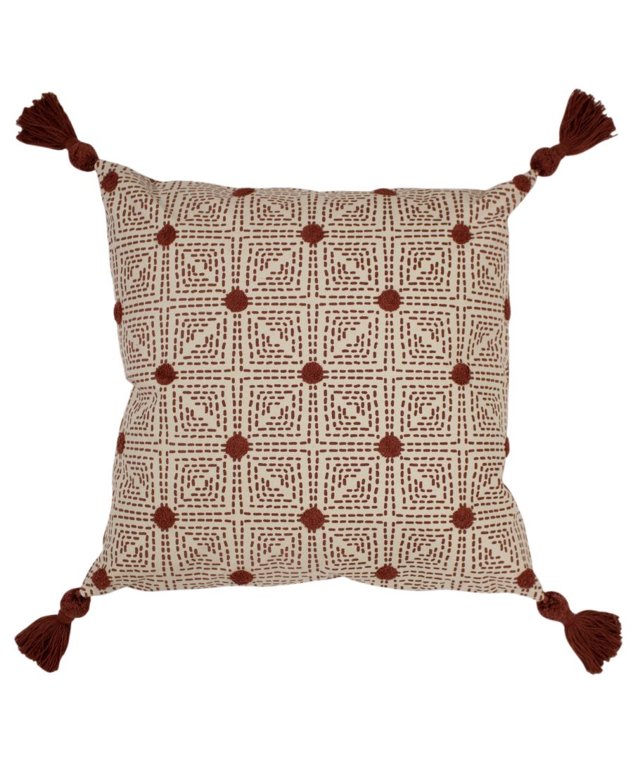 Chia Geometric Tufts & Tassels Red Clay Filled Cushions 20'' x 20'' - Feather Pad