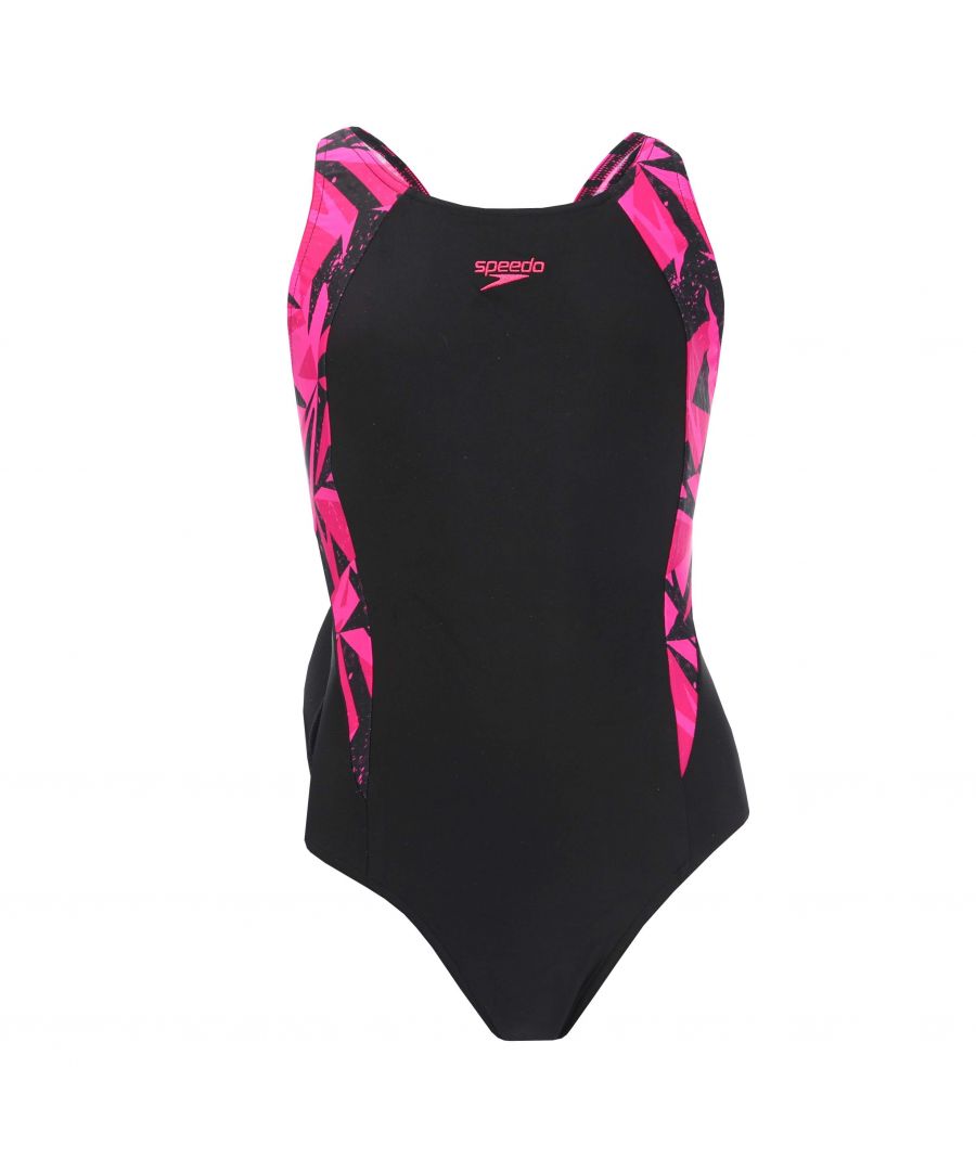 Speedo Girls Girl's Hyper Boom Splice Muscleback Swimsuit in black pink Nylon - Size 7-8Y