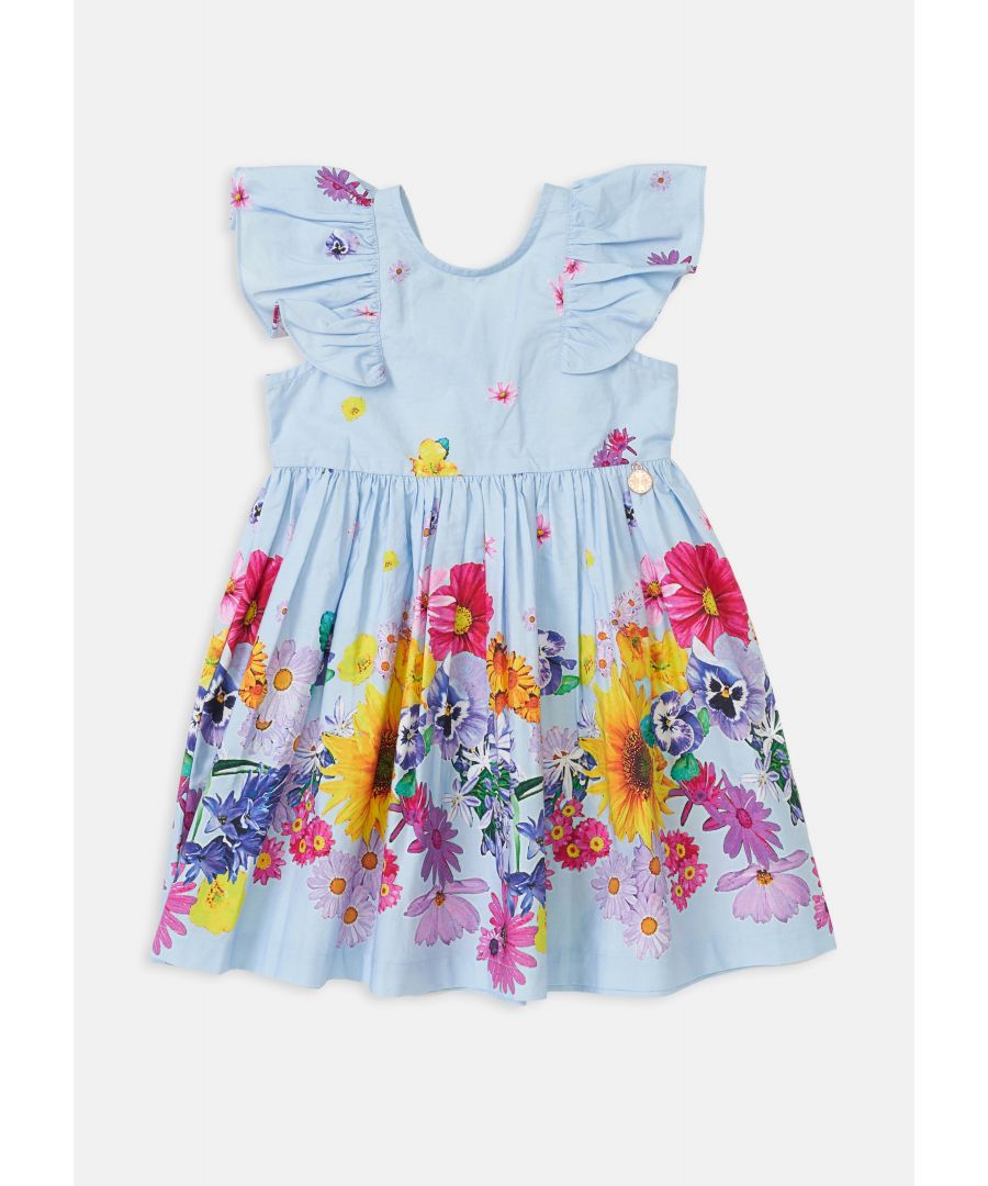 Blooming lovely. How perfect is this cotton sundress? With a stunning floral border print  frill sleeves and button back detail in a stunning shade of blue your little one with radiate Spring vibes  Model wears 3y  she is 2 years old and 100cm tall.  Angel & Rocket cares - made with Fairtrade cotton  Colour: Blue  About me: 100% Cotton  Look after me: Think planet  wash at 30c