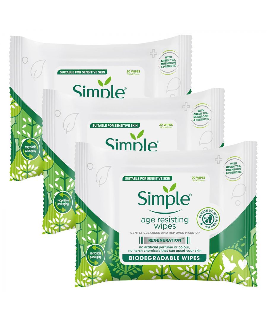 Everyday cleansing can be harsh on the skin. Simple Regeneration Age Resisting Cleansing Wipes contain the perfect blend of ingredients to help fight premature ageing. The soft textured face wipes thoroughly yet gently cleanse the skin, removing impurities, make-up, and dead skin cells. They are made with gentle cleansers, purified water and skin-loving ingredients such as pro-vitamin B5 and vitamin E. They can be used as a make-up remover that does not irritate skin or leave a residue. Your skin is left feeling clean, fresh and hydrated. As with all Simple products, there are no artificial colours, no alcohol, no harsh chemicals, and no perfume that can upset your skin. Our face wipes are designed for sensitive skin and are loved by all skin types. Our cleansing wipes are dermatologically tested and approved.\n\nKey Features:\nSimple Regeneration Age Resisting Cleansing Wipes help to fight the premature signs of ageing whilst cleansing your skin of dirt, make-up, and impurities.\n\nThe soft textured wipes thoroughly cleanse the skin by removing impurities, make-up, and dead skin cells.\n\nThese face wipes are made with gentle cleansers, purified water, and skin-loving ingredients such as pro-vitamin B5 and vitamin E.\n\nThe Age Resisting Cleansing Wipes contain no alcohol, oil, colour, dye, artificial perfume, or harsh chemicals that can upset your skin.\nPerfect for even the most sensitive skin, use our Age Resisting facial wipes to make your skin happy and look youthful.\n\nNon-comedogenic, hypoallergenic, dermatologically tested and approved – the UK's No.1 face wipes for sensitive skin.\n\nHow to Use: Gently wipes over eyelids, face, neck & lips to cleanse the skin.\nThrow used wipes in the bin; do not flush. The environment will be thankful for it.