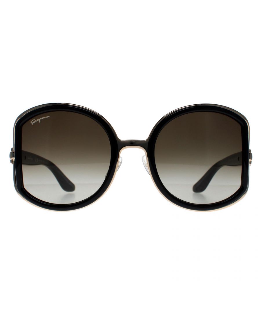 Salvatore Ferragamo Round Womens Black Gold Brown Gradient SF719S  Sunglasses are a glamorous oversized round style with cut out detailing around the outer edge of the lenses and Ferragamo branding engraved into the metal hinges.