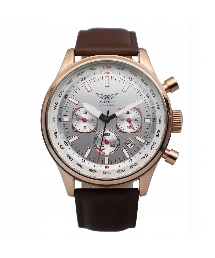 Stijlvol heren horloge van het merk Aviator. Het horloge heeft een polsbandje dat ook kleiner gemaakt kan worden, de kast heeft een diameter van 45 mm en het uurwerk is van Quartz.  Merk: AviatorModelnaam: F-Series AVW83507G410 (45mm)Categorie: heren horlogeMaterialen: edelstaalKleur: bruin, rose