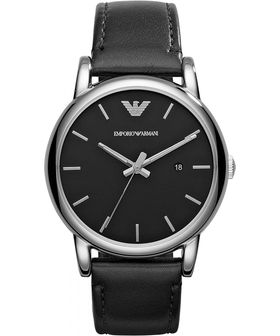 This Emporio Armani Luigi Analogue Watch for Men is the perfect timepiece to wear or to gift. It's Silver 41 mm Round case combined with the comfortable Black Leather watch band will ensure you enjoy this stunning timepiece without any compromise. Operated by a high quality Quartz movement and water resistant to 5 bars, your watch will keep ticking. This classic watch gives a comfortable feeling with its leather strap, it's perfect for every occasion -The watch has a calendar function: Date, Luminous Hands High quality 21 cm length and 20 mm width Black Leather strap with a Buckle Case diameter: 41 mm,case thickness: 10 mm, case colour: Silver and dial colour: Black