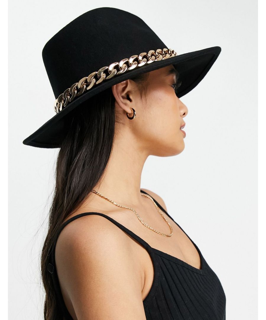 Hat by ASOS DESIGN Top this Pinched crown Fedora style Wide brim Gold-tone chain Size adjuster  Sold By: Asos