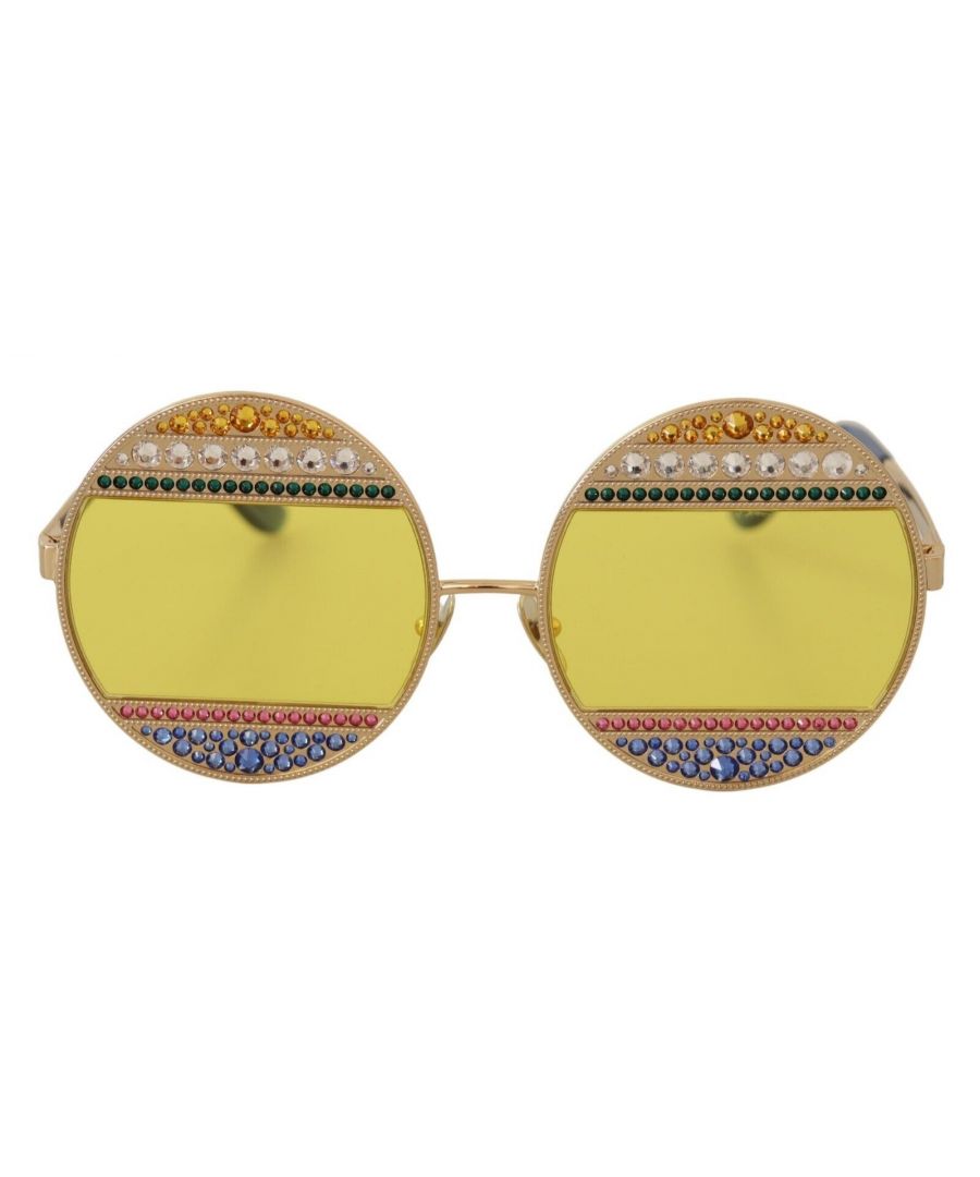 DOLCE & GABBANA\nGorgeous brand new, 100% Authentic DG2209B sunglasses in oval-shaped metal embellished with colored crystals.\nModel: DG2209B\nColour: Gold\nGender: Women\nMaterial: 100% Metal\nLenses: Yellow, 100% UV protection\nMade in Italy