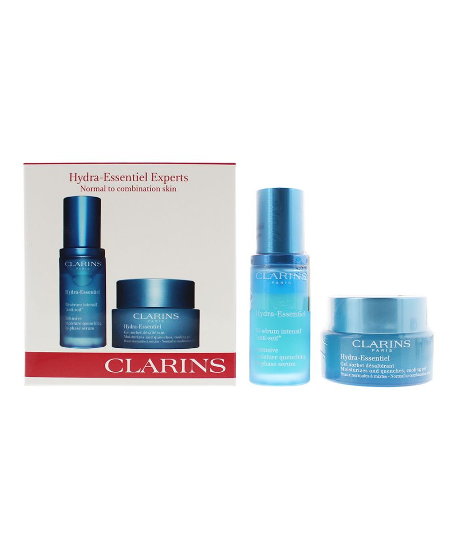 Clarins Hydra-Essentiel 2 Piece Gift Set: Cooling Gel 50ml - Bi-phase Serum 30ml delivers a expertly formulated hydration that targets your skin accurately and fulfil your skins needs. A non greasy formula that restores the skins glow and radiance.