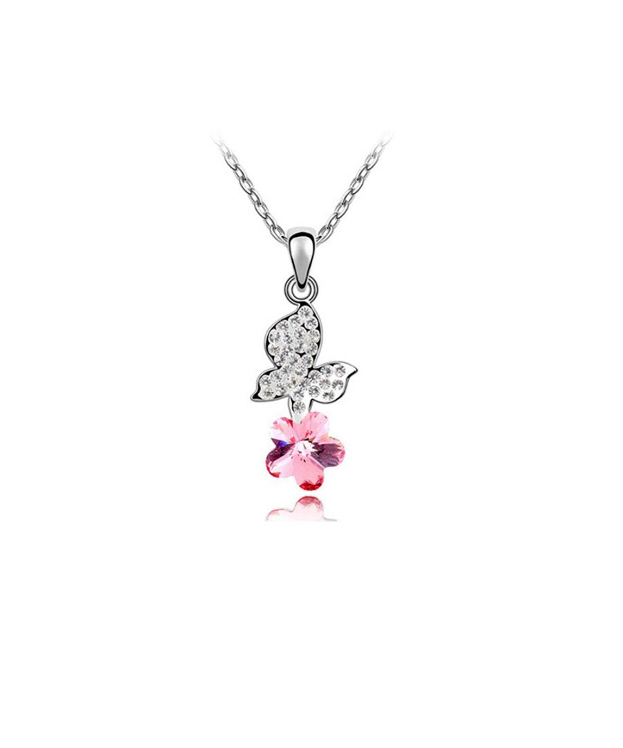Pink Swarovski Element Crystal Butterfly Pendant Butterfly and pink Flower Swarovski Crystal Element. Alloy frame high quality platinum plated Sun, 1.4 x 1.9 cm. Chain length: 40 cm (5 cm adjustable). Weight 4.70 g.