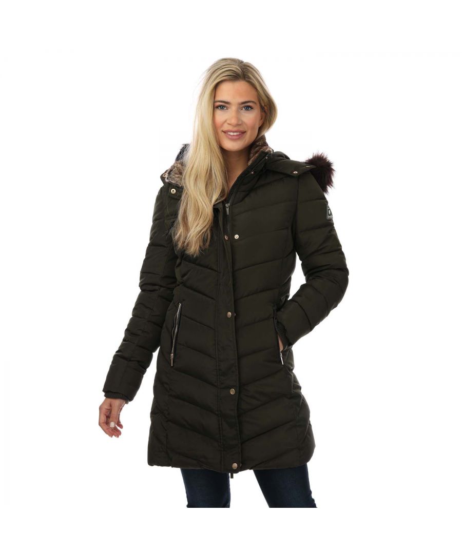 Womens Harvey and Jones Laurie Jacket in khaki.- Detachable hood and removable faux fur trim.- Full zip fastening with press-stud storm flap.- Zipped pockets.- Straight hem.- Harvey and Jones badge to left sleeve.- Outer: 100% Polyester. Lining: 100% Polyester. Padding: 100% Polyester.- Ref:HJW2103B