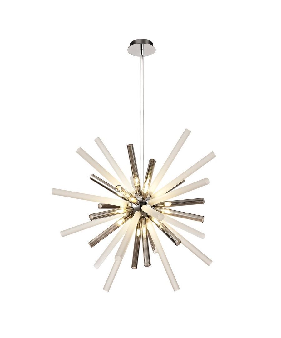 Ceiling Pendant 16 Light G9, Smoked & Frosted, Polished Chrome | Finish: Polished Chrome | Shade Finish: Smoked | IP Rating: IP20 | Min Height (cm): 83 | Max Height (cm): 142 | Diameter (cm): 72 | No. of Lights: 16 | Lamp Type: G9 | Dimmable: Yes - Dimmable Lamps Required | Wattage (max): 33W | Weight (kg): 4.1kg | Bulb Included: No