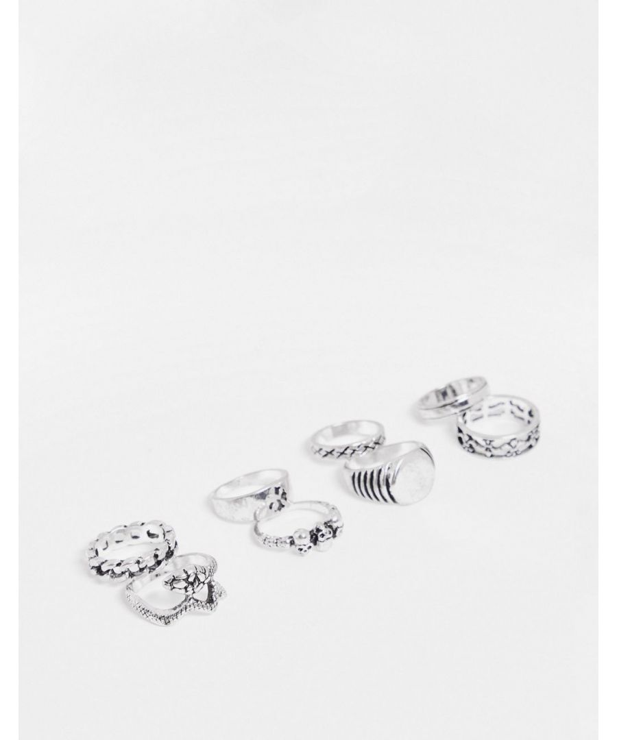 Ring multipack by ASOS DESIGN A little something Pack of eight multi-sized rings Mixed designs Burnished finish  Sold By: Asos