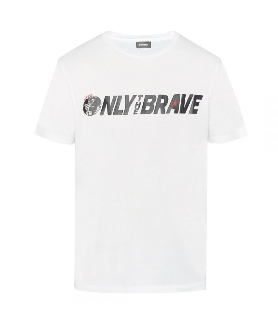 Diesel T-Just-SV wit T-shirt met 'Only The Brave'-print. Diesel wit T-shirt met korte mouwen. Normale pasvorm, past volgens de maat. 100% katoen. 'Only the Brave'-motief op de borst. Stijl: T-Just-SV 100