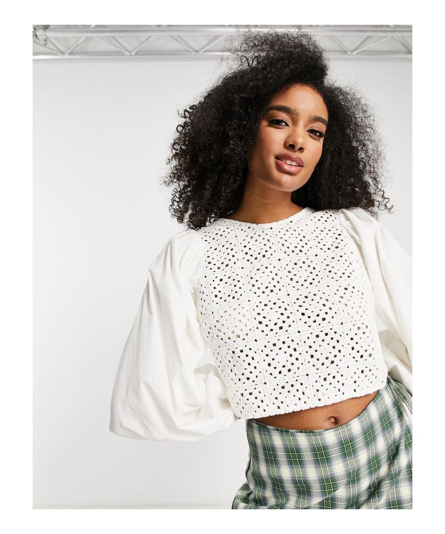 Top by ASOS DESIGN Add-to-bag material Round neck Volume sleeves Crochet panel Open back with tie fastening Cropped length Regular fit  Sold By: Asos